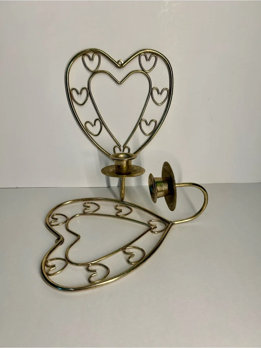 Heart-Shaped Brass Metal Wall Sconces Candle Holders - Pair MCM